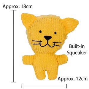 Detailed view of yellow corduroy cat plush pet toy with squeaker and size dimensions