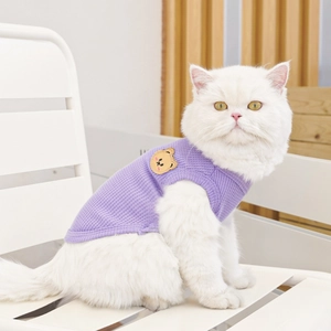 Detail of purple waffle knit pet vest with bear embroidery on a white cat
