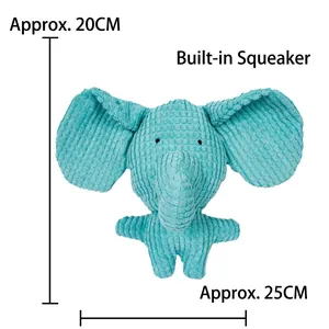 Detail of teal plush dog toy showing 20cm height and built-in squeaker dimensions