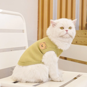 Olive green waffle knit pet vest with bear embroidery worn by a white cat on a chair