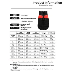 Detailed size chart for winter pet vest with measurements for small to large dogs