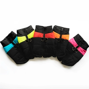 Five assorted waterproof padded pet vests with back zippers and metal D-rings for winter