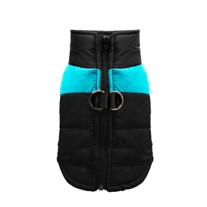 Quilted warm pet winter vest in black and blue with back zipper and dual D-rings