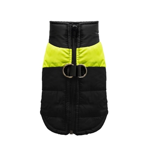Detail of neon yellow and black padded dog vest with durable dual D-rings and zipper