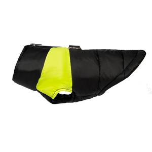 Detail of winter pet vest featuring quilted neon fabric, back zipper and metal D-rings