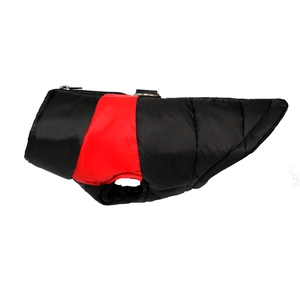 Detail of the back zipper and D-rings on the padded warm dog vest for harness attachment