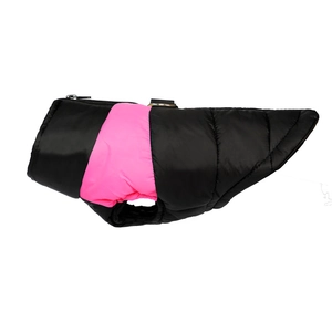 Detail of pet puffer vest with pink and black contrast fabric and metal D-ring leash attachment
