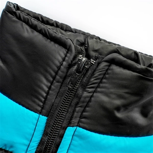 Thick warm winter pet vest jacket with blue windproof fabric and black collar detail