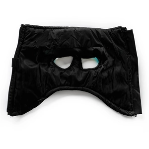 Detail view of black quilted waterproof pet vest with dual zippers and leg openings