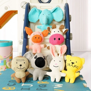 Set of 7 durable corduroy plush squeaky pet toys featuring elephant and cow animals