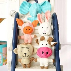 Plush squeaky dog toys set featuring corduroy elephant, pig, rabbit, monkey and cow animals