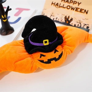 Plush pumpkin wizard hat headband for pets with spooky Halloween embroidery