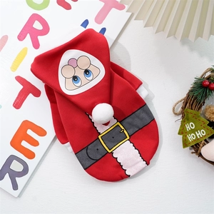 Festive red Christmas pet hoodie for dogs and cats with Santa belt print and cute hood