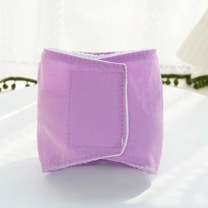 Detail of lavender washable dog belly band featuring adjustable velcro closure and soft lining