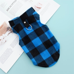 Detail of blue plaid pet fleece vest featuring metal D-ring for leash attachment