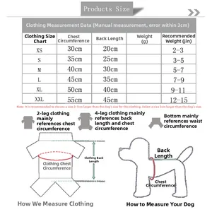 Detailed size chart for striped pet hoodie showing chest, back and weight measurements