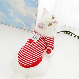 Detail of red striped pet sweater featuring ribbed texture and metal D-ring for leash