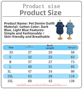 Tabella taglie dettagliata per camicie in denim per animali domestici dalla XS alla 3XL