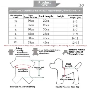 Size chart for winter dog clothes showing chest and back length from XS to XXL