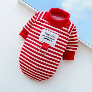 Close-up of red striped dog hoodie featuring a metal D-ring for leash attachment