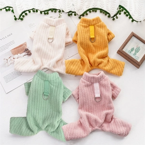 Close-up of thick corduroy pet rompers with metal D-rings and turtleneck in four colors