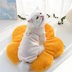 Detail of warm cream corduroy pet jumpsuit and orange flower plush mat for small dogs
