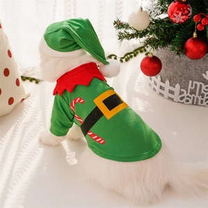 Detail of Christmas elf dog outfit with green fabric, red collar, and candy cane pattern