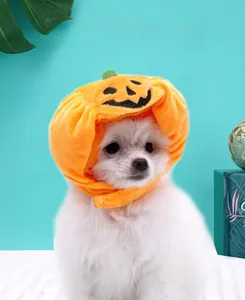Makroaufnahme der Halloween-Kürbismütze für Haustiere aus orangefarbenem Plüsch mit Stickerei