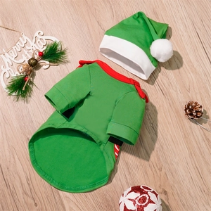 Detailed flat lay of green pet Christmas elf costume with hat on wooden background