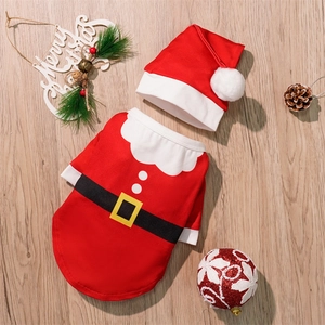 Detailed flat lay of festive dog Santa outfit with matching hat on wooden background
