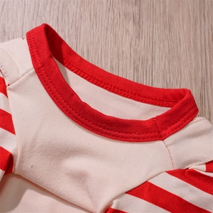 Detail of red and white striped stitching and crew neck ribbing on dog sweater
