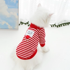 Red and white striped dog sweater with D-ring leash attachment for small pets