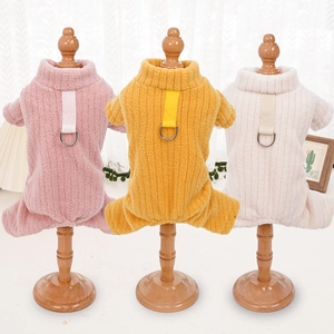 Pet Jumpsuit Ribbed Flannel Winter Warm Dog Pajamas With Leash D-Ring High Collar For Small Dogs Cats