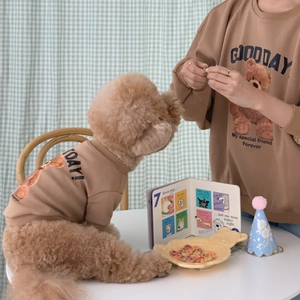 Matching adult and dog fleece hoodies in brown with teddy bear print for cozy moments