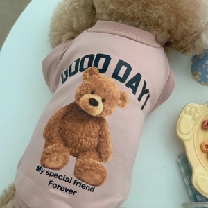 Close-up of pink dog sweatshirt featuring teddy bear print and warm fleece fabric texture