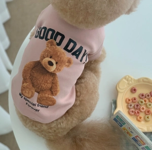 Detail showing pink dog sweatshirt with Teddy bear print and GOOD DAYS text on back