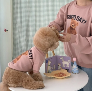Pink pet and owner matching hoodies featuring a brown teddy bear and Good Day slogan
