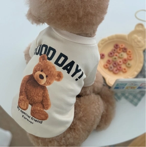 Close-up of cream dog sweatshirt featuring teddy bear print and Good Day text