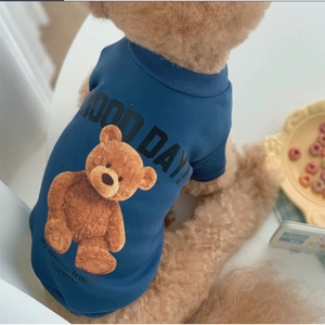 Close-up of blue dog sweatshirt featuring a cute teddy bear print and Good Day text