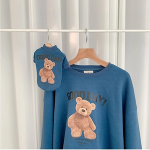 Matching blue sweatshirt set for owner and pet with a teddy bear and Good Day print