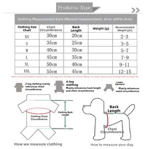 Tabla de tallas detallada para chaleco de perro con medidas de XS a XXL para mascotas