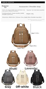Detailed chart showing PU leather backpack dimensions and five available color options