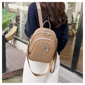 Close-up of khaki mini backpack with embossed square pattern and multi-zipper layers