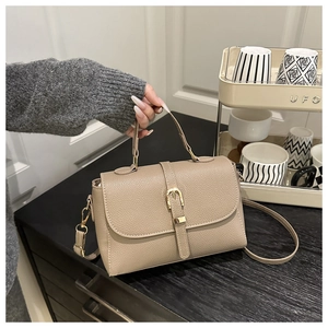 Detail showing litchi grain texture and gold buckle on a stylish khaki crossbody bag