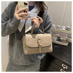 Close-up of litchi pattern faux leather crossbody bag in clay beige with metal buckle