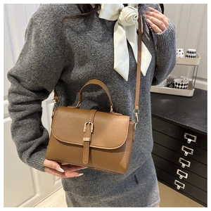 Close-up of brown litchi pattern leather bag with buckle closure and metal hardware