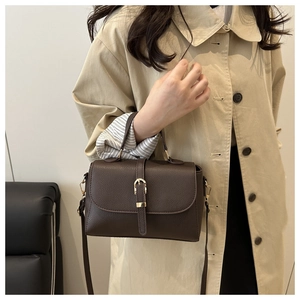 Close-up of the pebbled leather texture and gold buckle on a brown square handbag