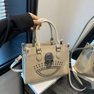 Women PU Leather Handbag With Metal Skull And Rivet Studded Crossbody Tote Gothic Punk Style Vintage Large Capacity