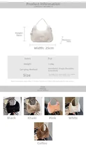 Detailed size specifications and available color variants of the plush faux fur tote bag