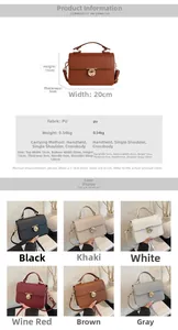 Detailed size chart and multi-color selection for a stylish textured square handbag